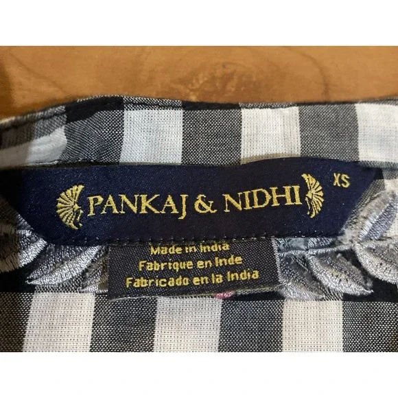 Anthropologie Pankaj Nidhi Gingham Swing Ruffle Embroidered Top Size XS Boho - Picture 10 of 14
